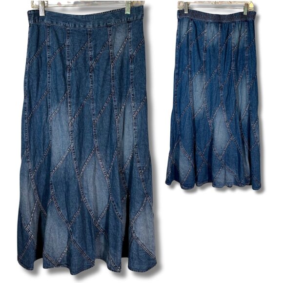 Studio West M Skirt Patchwork Boho Gypsy Flared Denim Tiered Festival Hippie - Picture 1 of 8